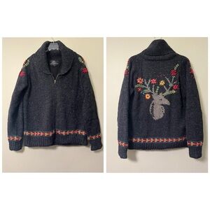 Lost Horizons Hand Knit Kettle Dyed Nepal Wool Cardigan Sweater Deer & Flowers